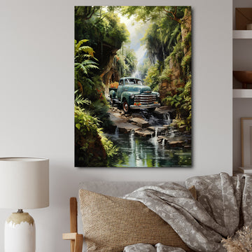 Green Pickup Truck Enchanting Waterfall I - Pickup Truck Canvas Wall Art